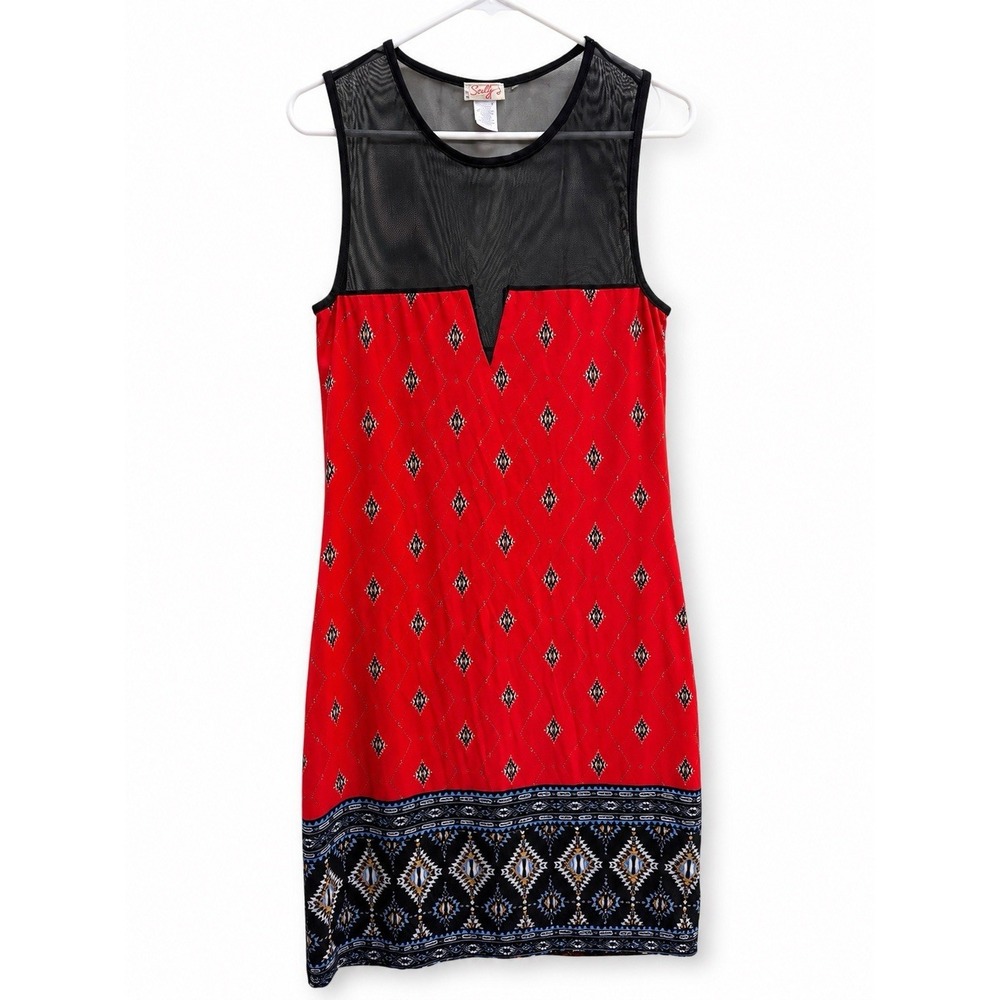 Scully Red Southwestern Print Sleeveless Sheath Dress Mesh Yoke Size Large